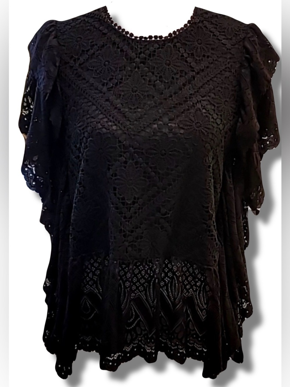 Ultra Pink Black Lace Ruffle-Sleeve Blouse XL